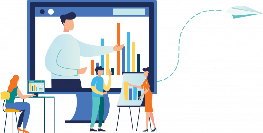 People being trained and graphs showing business growth